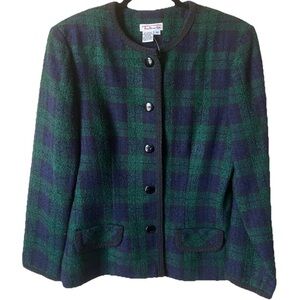 Talbots Green and Navy Plaid Tweed Blazer Vintage NWT